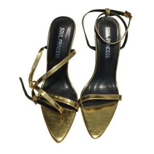 Soul Princess Gold Metallic Stiletto Sandals Pointed Toe Ankle Strap Heels 8.5